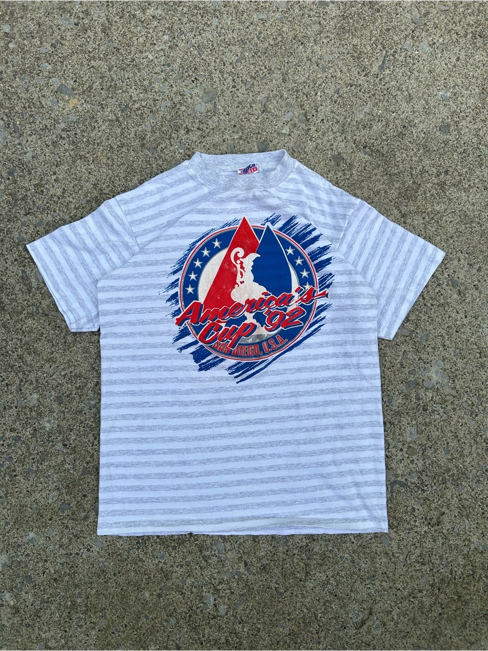 Vintage America's Cup 92 Striped single stitch Graphic Tee - White/Grey